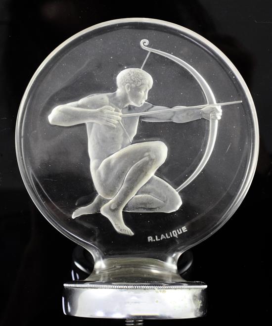 A René Lalique Archer pattern glass car mascot, overall height 12.5cm, diameter 10.3cm